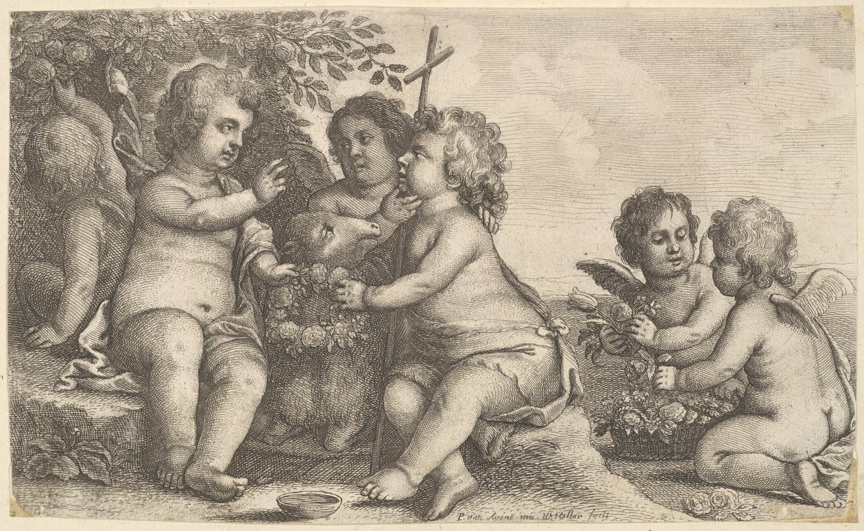 Jeesus, Pyhä Johannes Kastaja ja neljä kerubia, 1625-77. tekijältä Wenceslaus Hollar