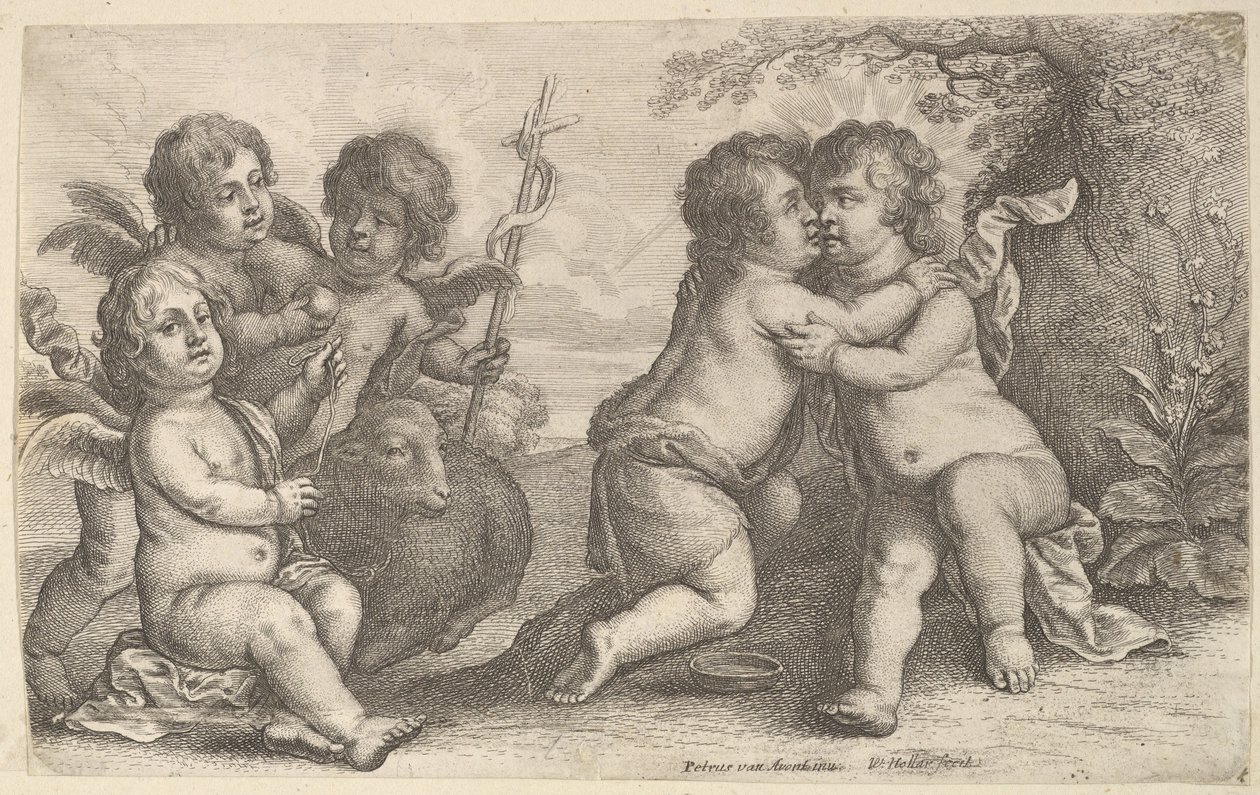 Jeesus ja pyhä Johannes halaavat kerubien kanssa, 1646. tekijältä Wenceslaus Hollar