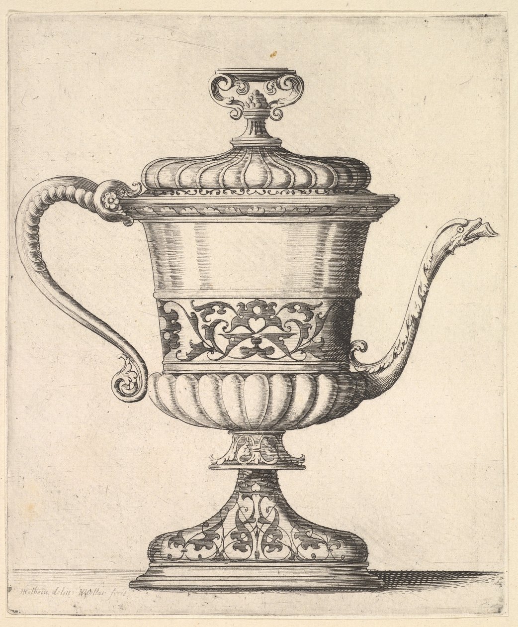 Kannen kannu, kaiverrettu arabeskikuvio, kapea nokka oikealle päättyy käärmeeseen..., 1625-77. tekijältä Wenceslaus Hollar