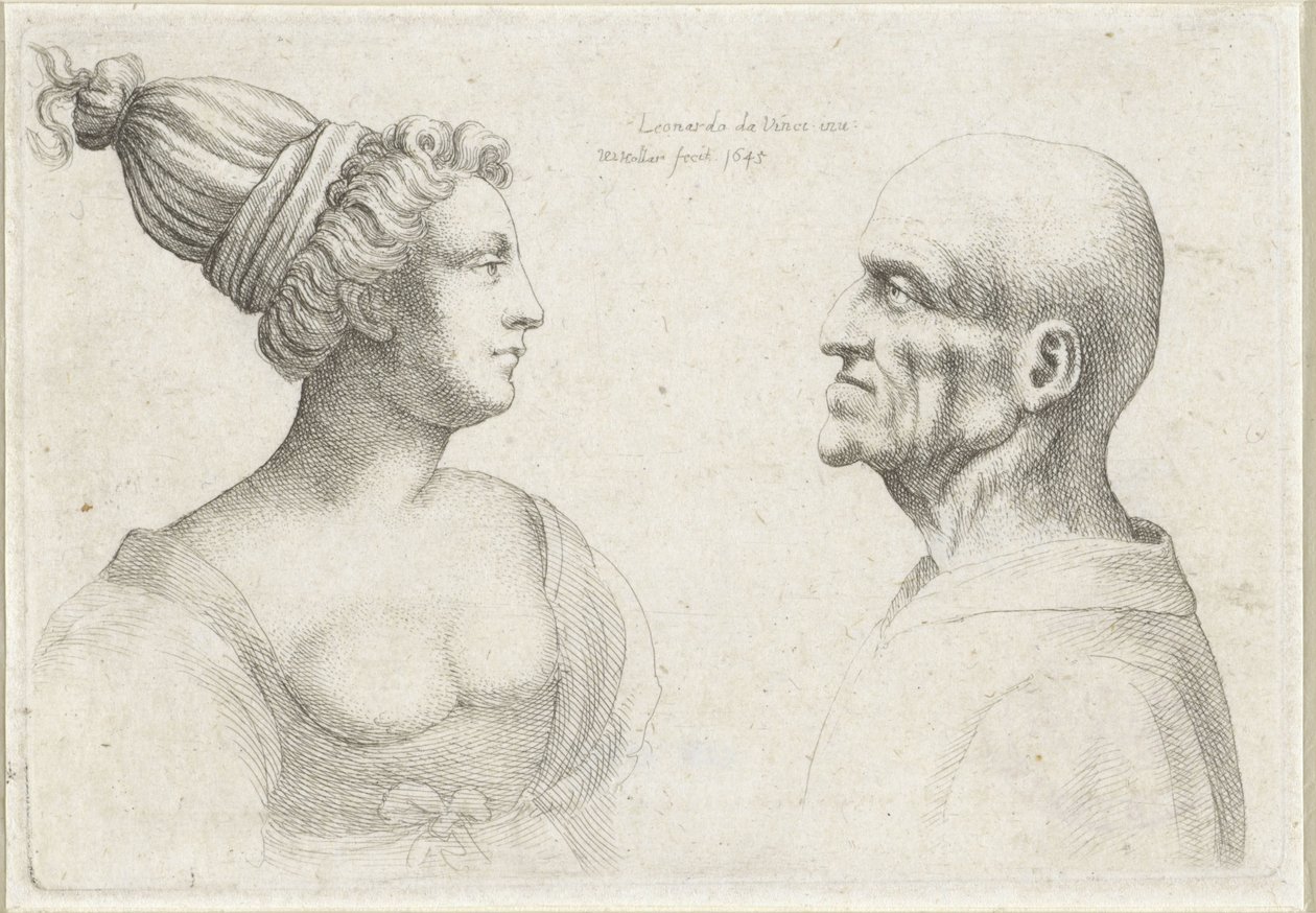 Kaljuun miehen ja naisen päät turbaaneihin Varie figurae et probae (sarjan nimi) Karikatyyrit, päät ja epämuodostumat Leonardo da Vincin jälkeen (sarjan nimi) tekijältä Wenceslaus Hollar