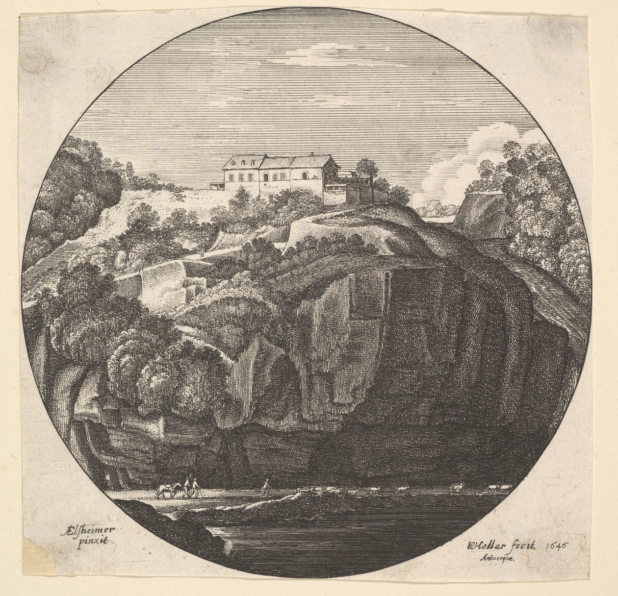 Maisema ja talo kallioilla, 1646. tekijältä Wenceslaus Hollar