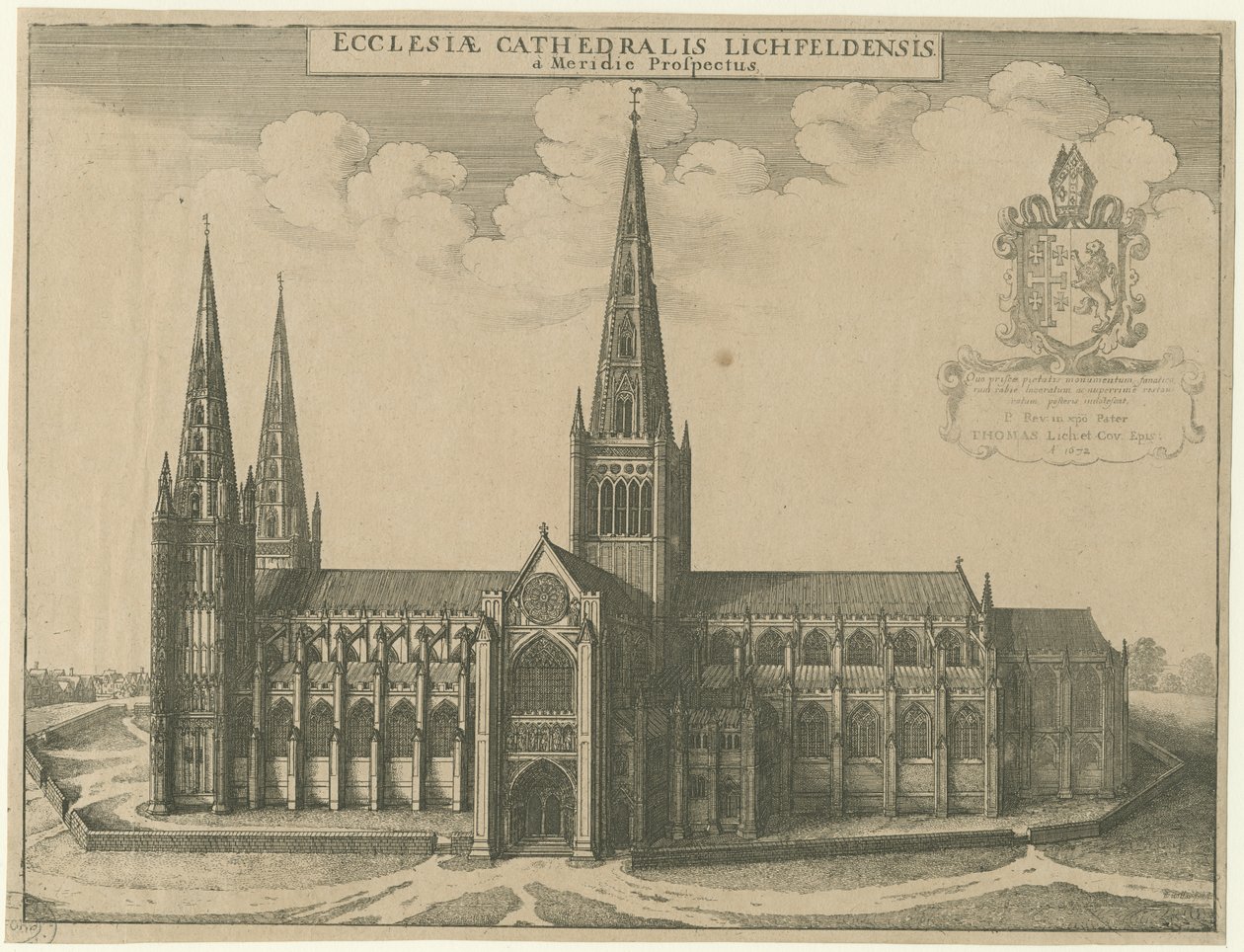Lichfieldin katedraali - Etelänäkymä: kaiverrus tekijältä Wenceslaus Hollar