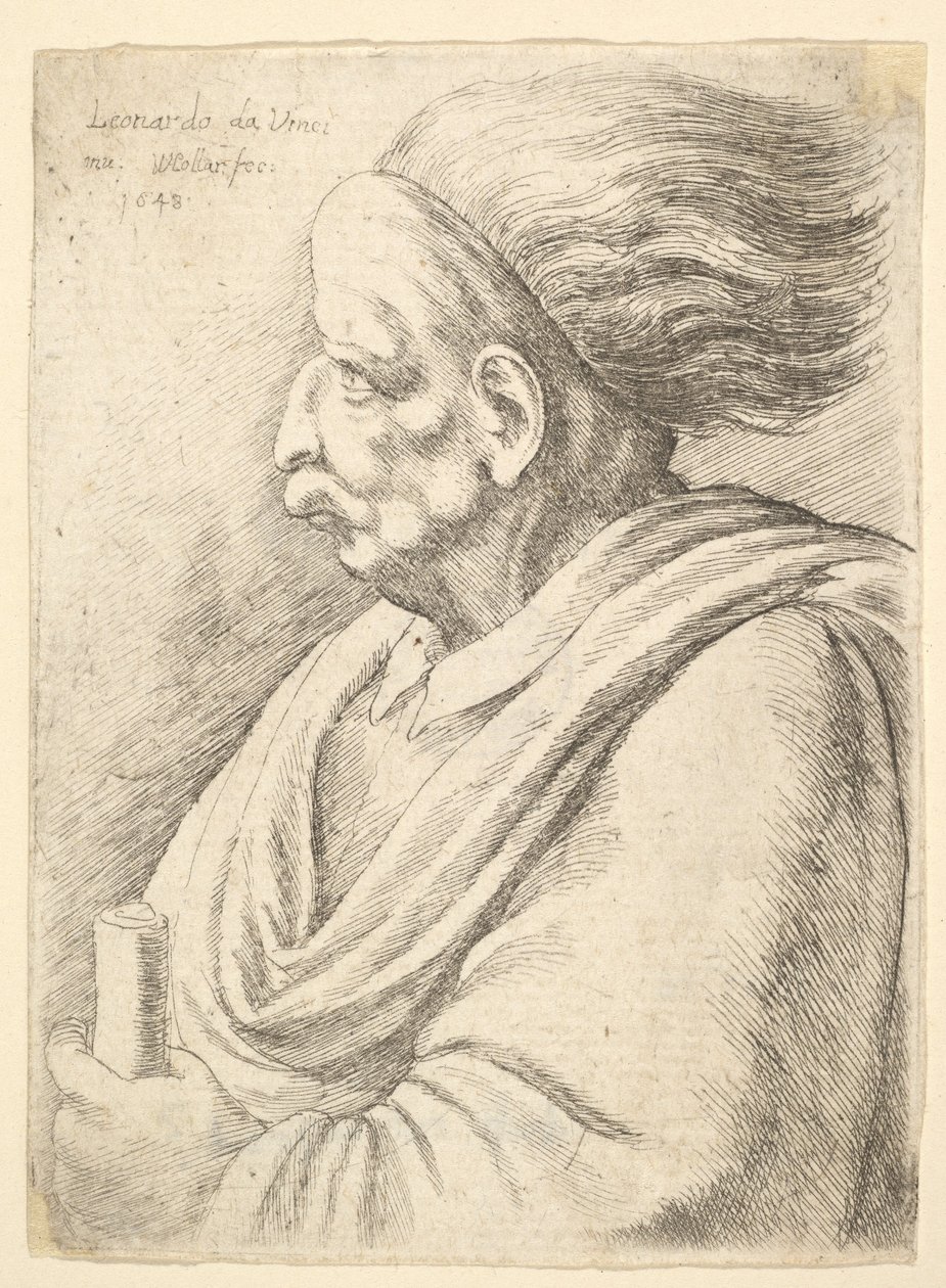 Mies, jolla on karikatuurisia piirteitä ja takana virtaavat hiukset, puolipitkänä vasemmalle, 1648. tekijältä Wenceslaus Hollar