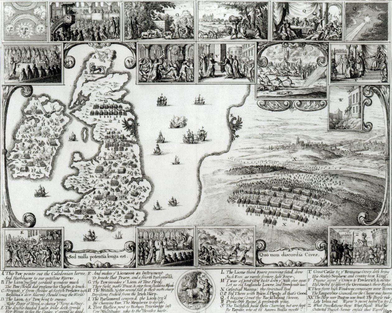Englannin sisällissodan kartta ja Prahan näkymä, 1632 tekijältä Wenceslaus Hollar
