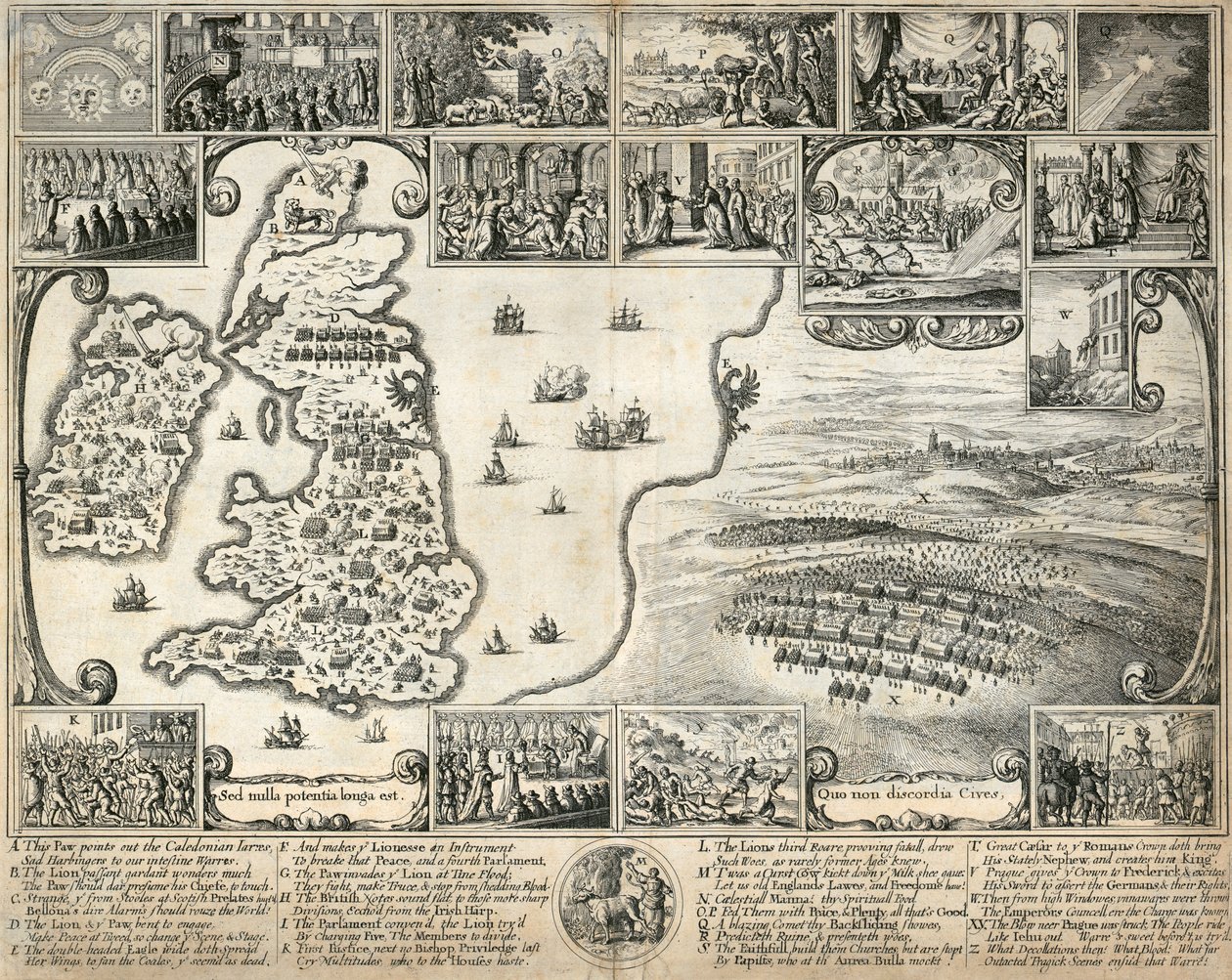 Brittisaarten kartta ja kuvituksia 1600-luvun historiallisista tapahtumista, n. 1659 tekijältä Wenceslaus Hollar