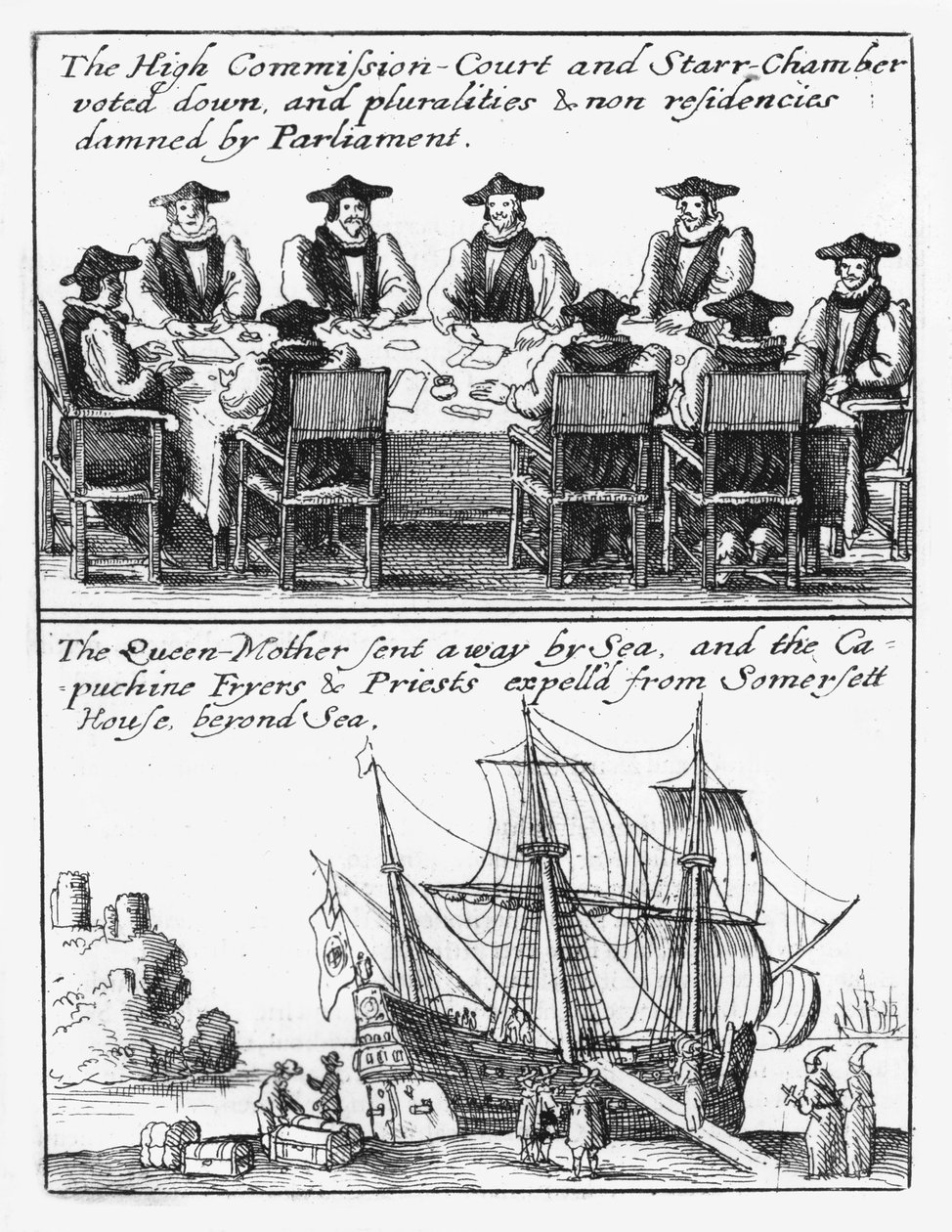 Star Chamberin jäsenet; Kuningatar Henrietta Maria purjehtii Englannista tekijältä Wenceslaus Hollar