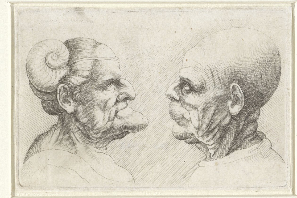 Epämuodostuneet päät kaljuun miehen ja naisen sarvet päässä Varie figurae et probae (sarjan nimi) Karikatyyrit, päät ja epämuodostumat Leonardo da Vincin jälkeen (sarjan nimi) tekijältä Wenceslaus Hollar