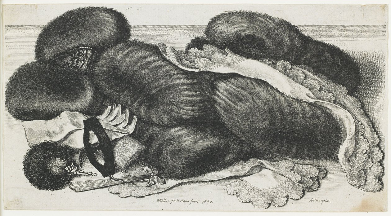 Muhvit ja vaatekappaleet pöydällä, 1647 tekijältä Wenceslaus Hollar