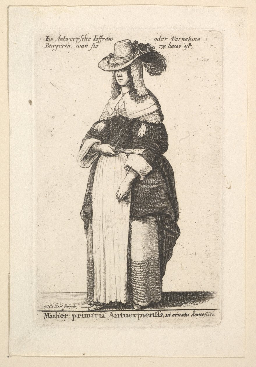 Antwerpenin johtava nainen, kesytetty Antwerpenin herrasnainen kotipuvussa..., 1625-77. tekijältä Wenceslaus Hollar