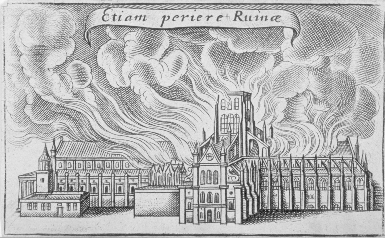 Vanha Pyhän Paavalin katedraali paloi Lontoon suuressa tulipalossa, 1666 tekijältä Wenceslaus Hollar
