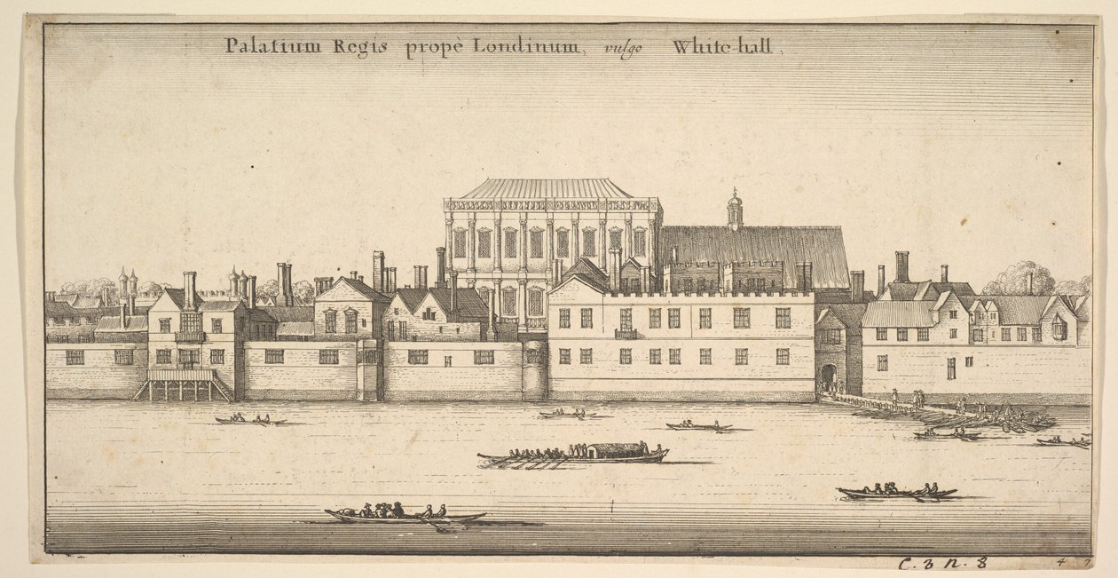 Kuninkaan palatsi lähellä Lontoota, joka tunnetaan yleisesti nimellä White-hall Royal Palace of Whitehall, Lontoo, noin. 1647 tekijältä Wenceslaus Hollar