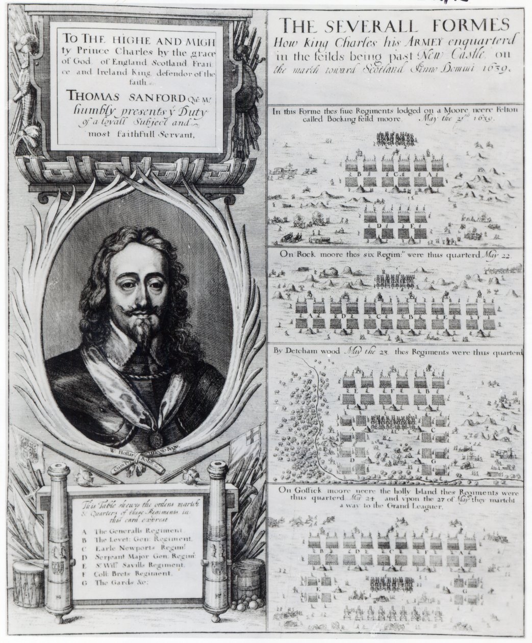 Kuningas Kaarle I:n muotokuva ja kaaviot, jotka esittävät hänen joukkojensa muodostumista piispojen sodan aikana, n. 1639 tekijältä Wenceslaus Hollar