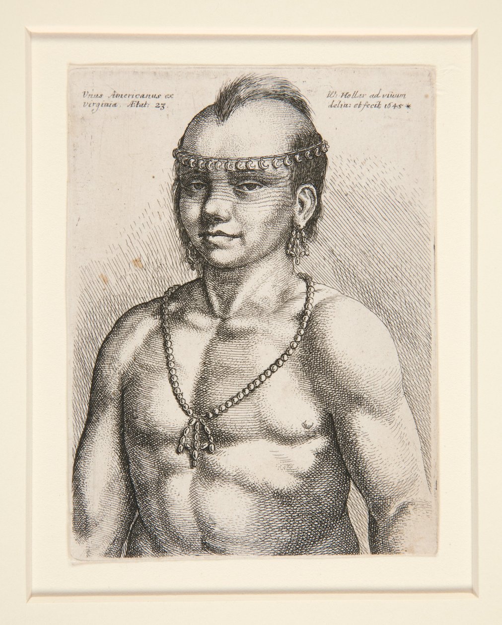 Musee-Delaware Nationin kokoelmiin kuuluva muotokuva amerikkalaisesta alkuperäiskansan edustajasta, todennäköisesti Jaques-nimisestä soturista tekijältä Wenceslaus Hollar