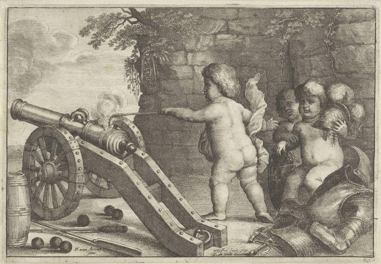 Putti ampuva tykki: Tulielementti The Four Elements (sarjan nimi) tekijältä Wenceslaus Hollar