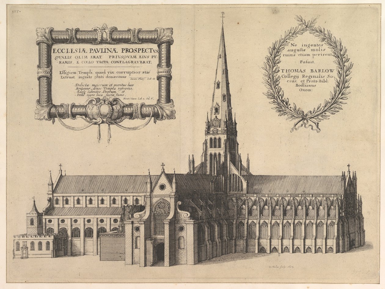 Pyhät Paavalit etelästä esittäen Pauline Prospektin kirkon tornin..., 1657 tekijältä Wenceslaus Hollar