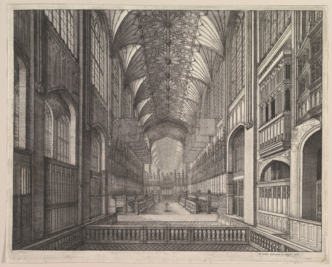 Pyhän Yrjön kappelin kuoro, Windsor (Elias Ashmolen teoksesta "Sukkanauharitarikunta", 1672) tekijältä Wenceslaus Hollar