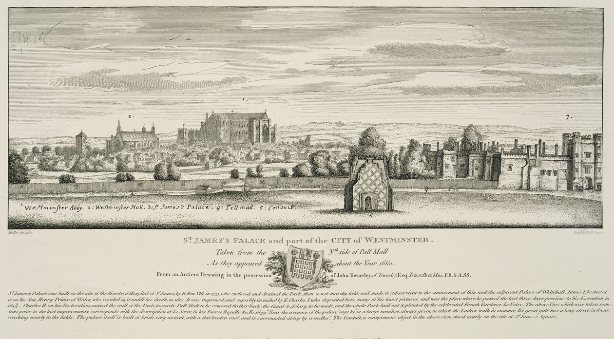 St. Jamesin palatsi ja osa Westminsterin kaupunkia Pall Mallin pohjoispuolelta vuonna 1660, kaiverrus Richard Sawyer, julkaistu 1809 tekijältä Wenceslaus Hollar