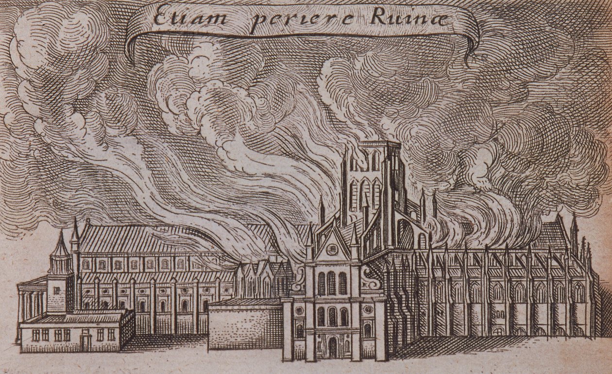 Pyhän Paavalin katedraali vanha, Lontoo, tulessa, 1666 tekijältä Wenceslaus Hollar