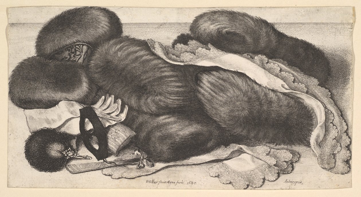 Asetelma, jossa on joukko muffeja, hansikkaat, viuhkat, naamio ja kaksi huivia, 1647. tekijältä Wenceslaus Hollar