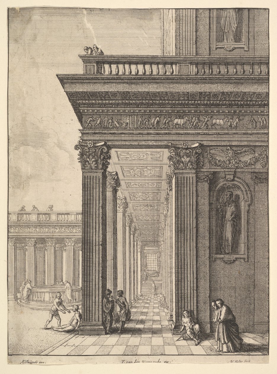 Temppelipiha hahmoineen, David Teniers vanhemman mukaan, 1625-77. tekijältä Wenceslaus Hollar