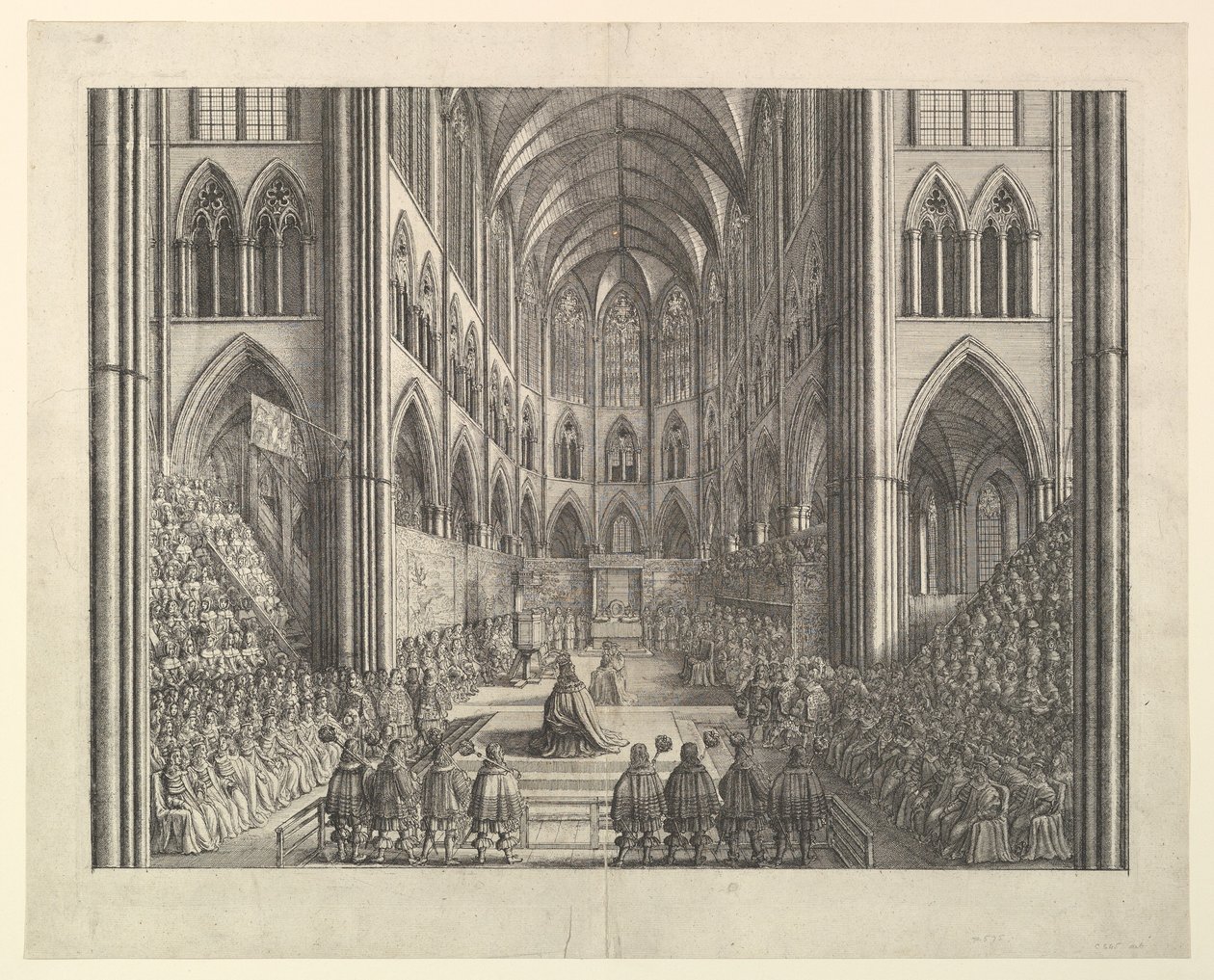 Kuningas Kaarle II:n kruunajaiset Westminster Abbeyssa, huhtikuun 23. päivänä 1661 (John Ogilbyn teoksesta "The Entertainment of...Charles II", Lontoo, 1662) tekijältä Wenceslaus Hollar