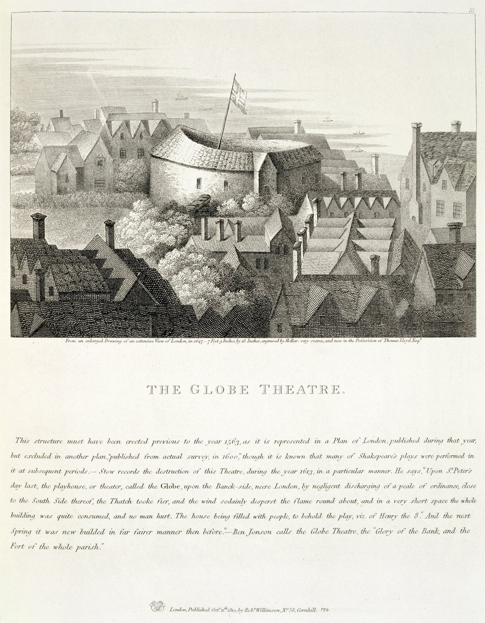 The Globe Theatre, n. 1647, julkaisija Robert Wilkinson, Lontoo, 1810 tekijältä Wenceslaus Hollar