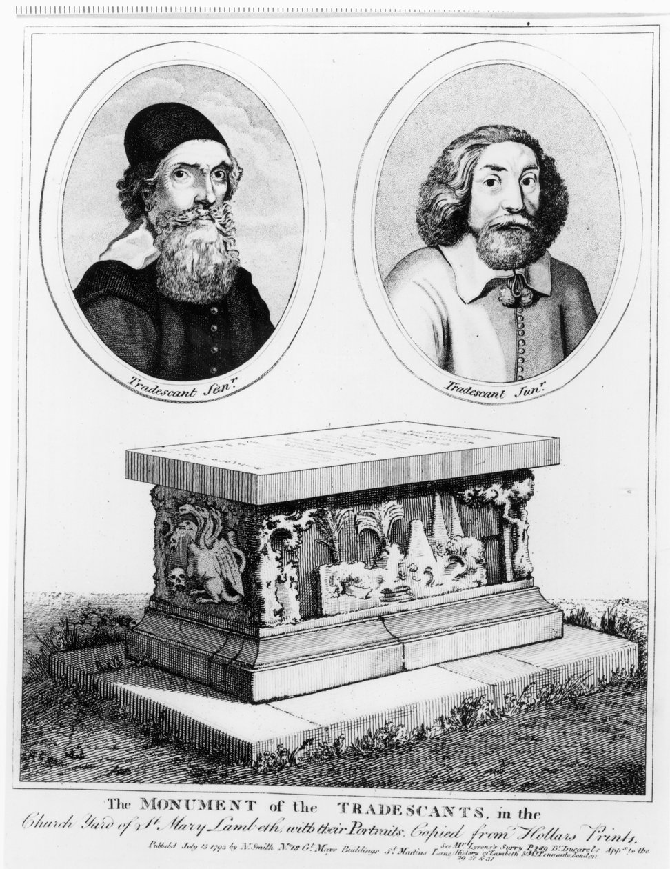 Kauppiaiden muistomerkki St. Mary Lambethin kirkon pihalla, pub. vuonna 1793 tekijältä Wenceslaus Hollar