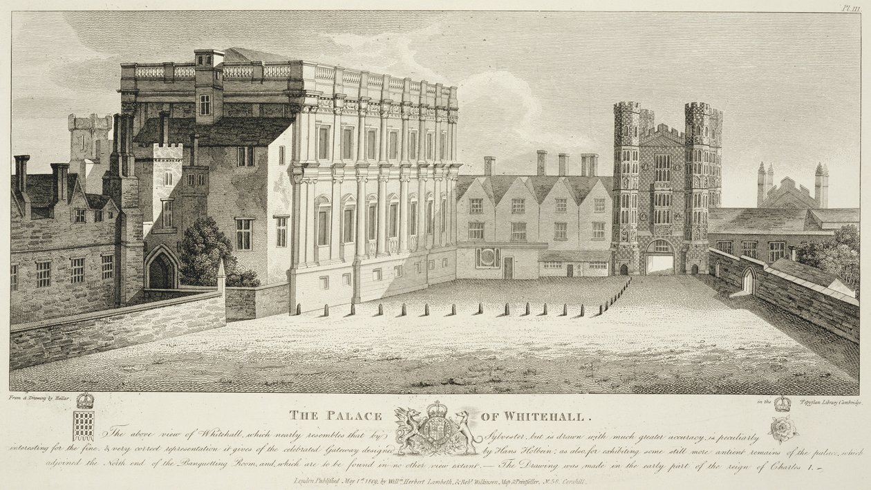 The Palace of Whitehall, piirustuksen Pepysian Libraryssa, Cambridge, julkaistu 1809 tekijältä Wenceslaus Hollar