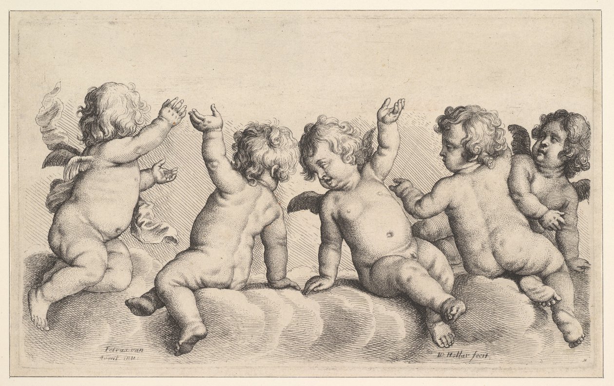 Kolme kerubia ja kaksi poikaa pilvissä, 1620-77. tekijältä Wenceslaus Hollar
