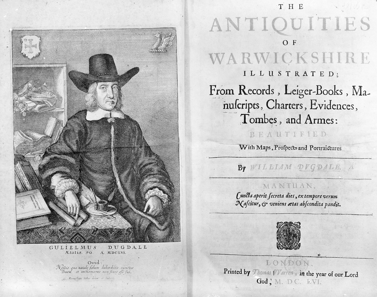 William Dugdalen "The Antiquities of Warwickshiren" otsikkosivu ja etukappale, 1656 tekijältä Wenceslaus Hollar