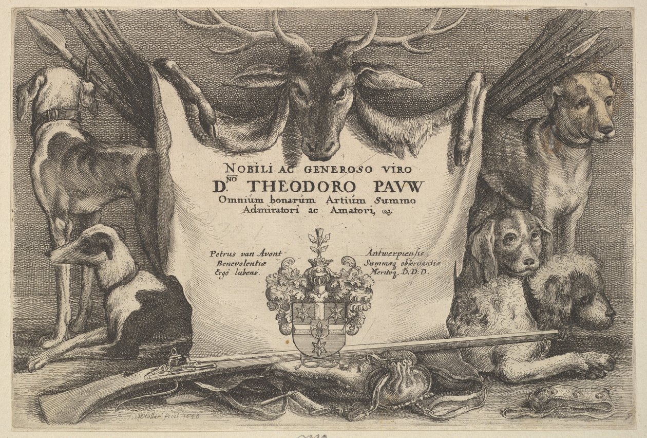 Nimisivu, jossa koirat ja metsästysvälineet, 1646. tekijältä Wenceslaus Hollar