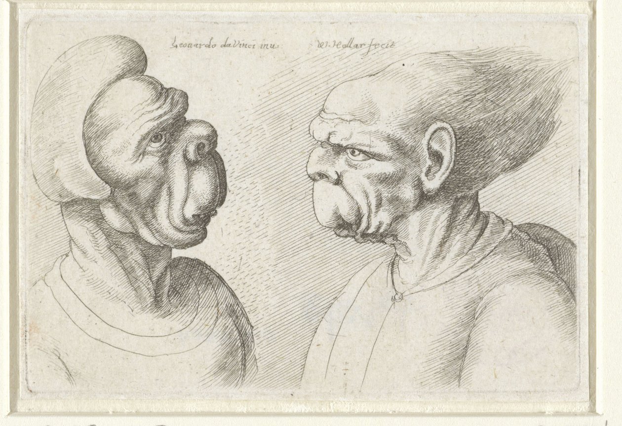 Kaksi epämuodostunutta päätä Varie figurae et probae (sarjan nimi) Karikatyyrit, päät ja epämuodostumat Leonardo da Vincin jälkeen (sarjan nimi) tekijältä Wenceslaus Hollar