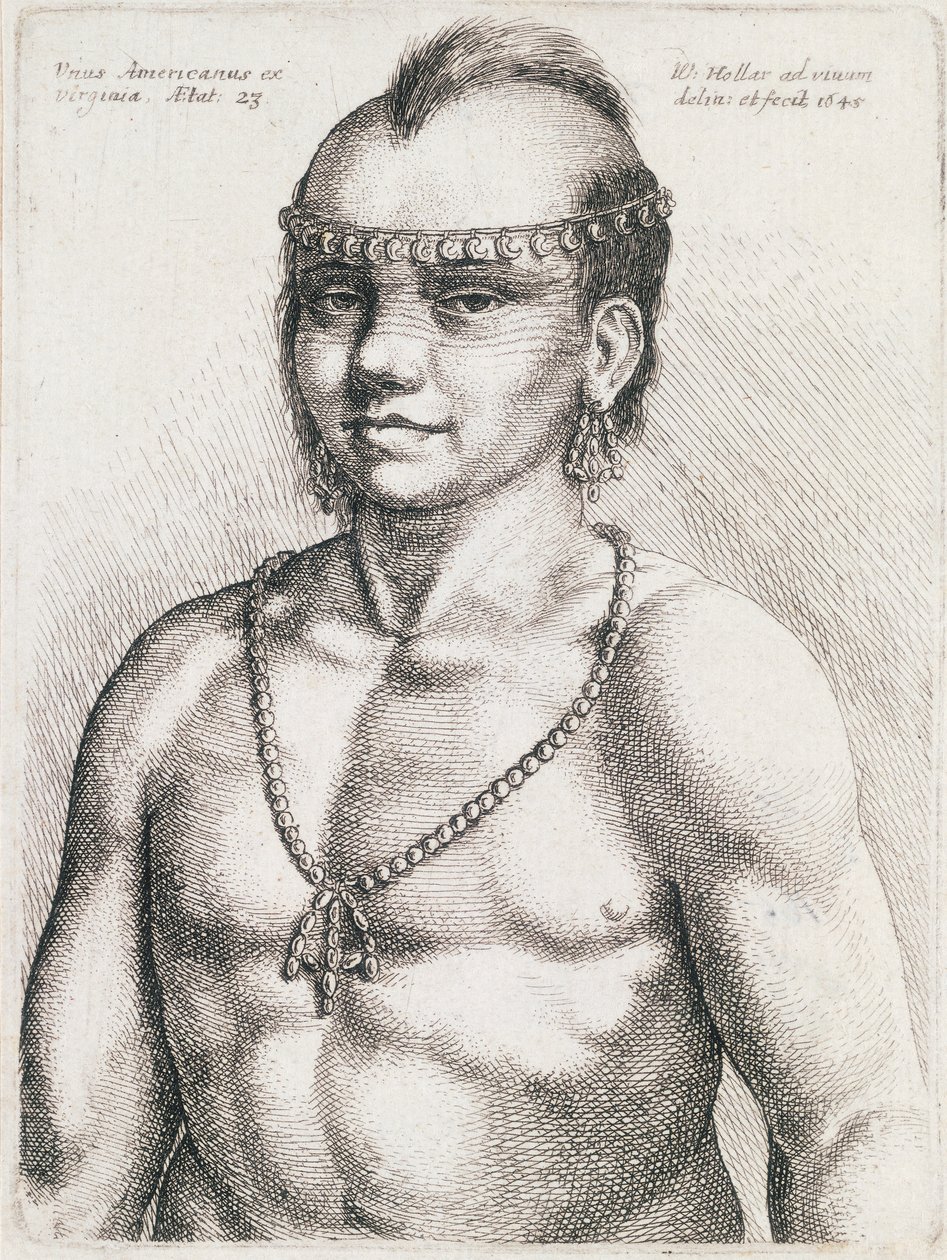 Kaksikymmentäkolme vuotta vanha intiaani Virginiasta, kaiverrus Wenceslaus Hollar (1607-1677) tekijältä Wenceslaus Hollar