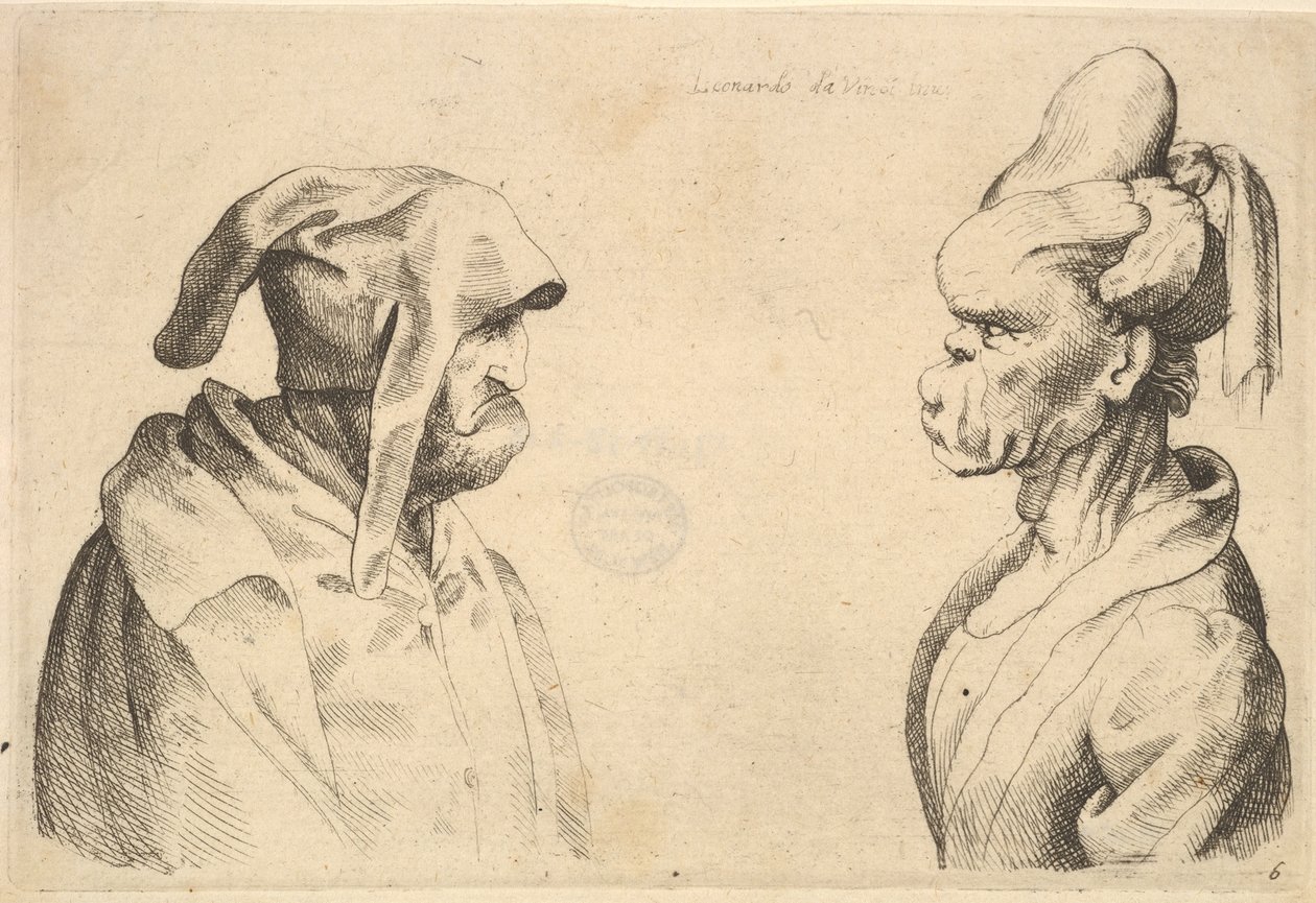 Kaksi epämuodostunutta päätä vastakkain, 1625-77. tekijältä Wenceslaus Hollar