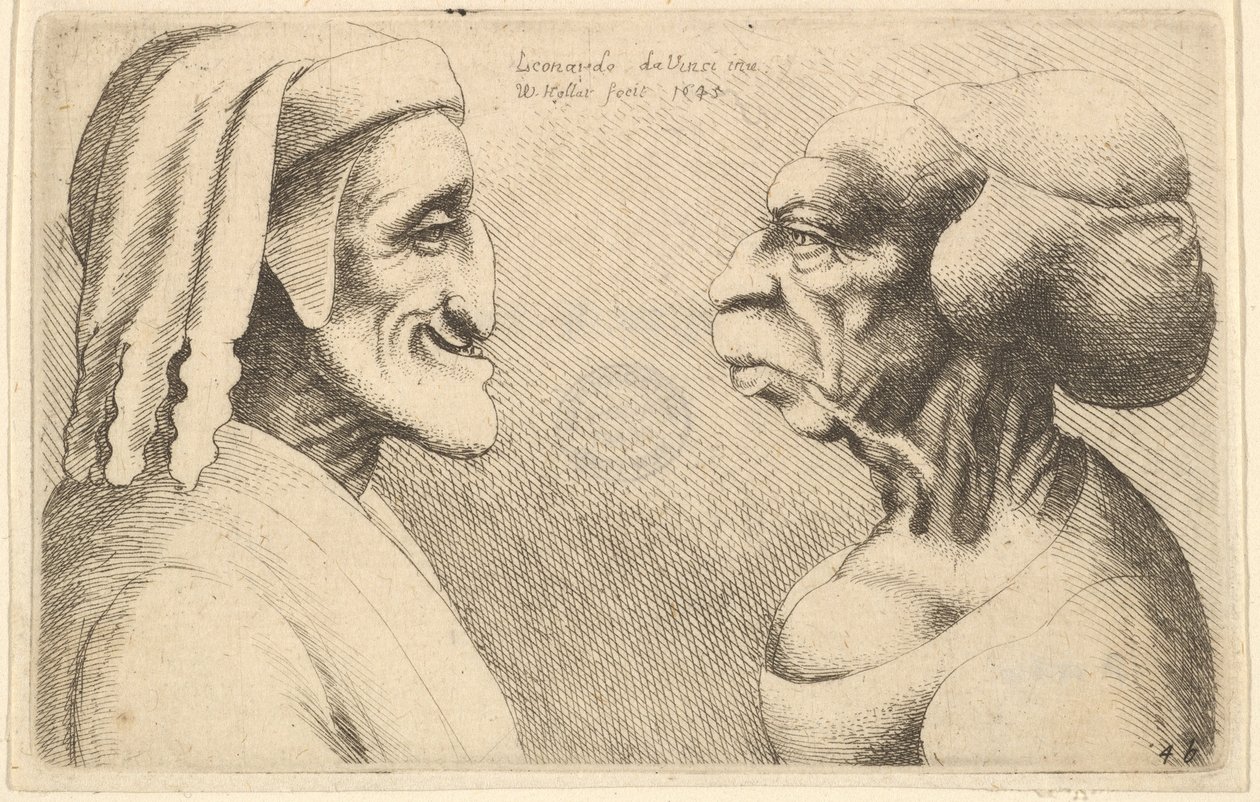Kaksi epämuodostunutta päätä vasemmanpuoleinen hahmo on mahdollisesti karikatyyri Dantesta vuodelta 1645. tekijältä Wenceslaus Hollar