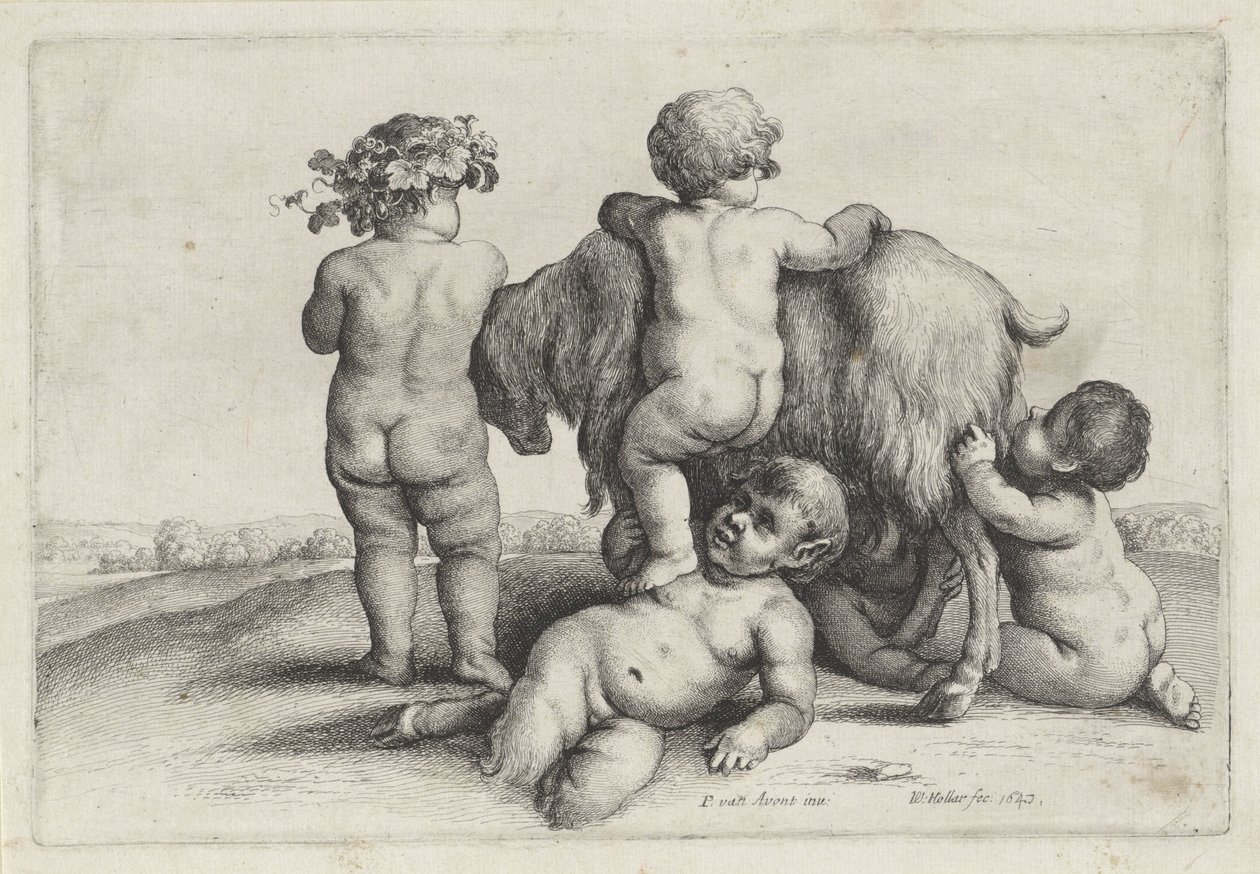 Neljä poikaa, satyyri ja vuohi Putti and Satyrs (sarjan nimi) tekijältä Wenceslaus Hollar