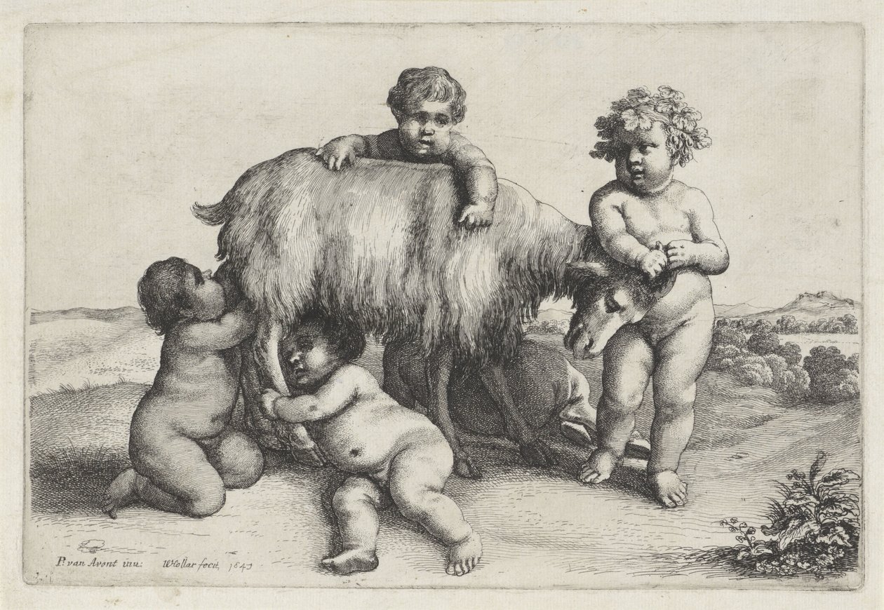 Neljä poikaa, satyyri ja vuohi seisoo oikealla Putti and Satyrs (sarjan nimi) tekijältä Wenceslaus Hollar