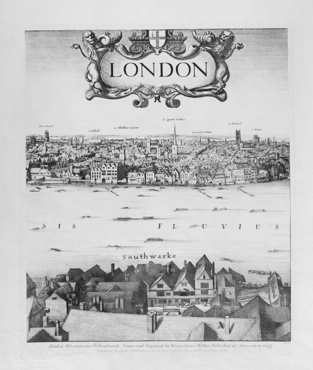 Näkymä Lontooseen, julkaistu 1647 (faksikopio) (yksityiskohta) tekijältä Wenceslaus Hollar