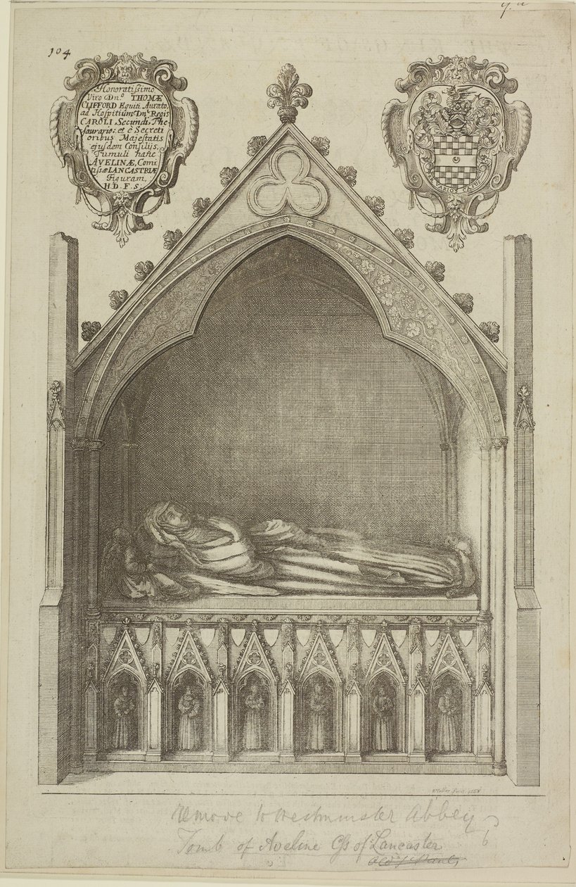 Näkymä Lancasterin kreivittären Avalinen (Lancasterin jaarlin Edmundin vaimon) haudalle Westminster Abbeyssa, 1666. tekijältä Wenceslaus Hollar