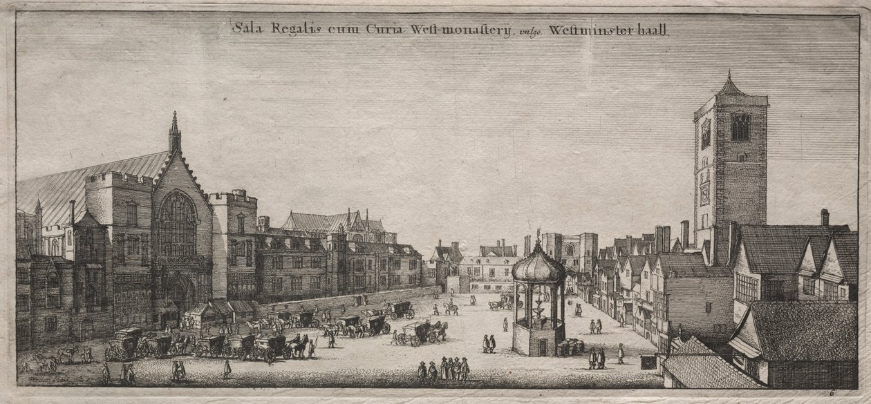 Näkymät Lontooseen: New Palace Yard ja Westminster Hall ja Clock House tekijältä Wenceslaus Hollar