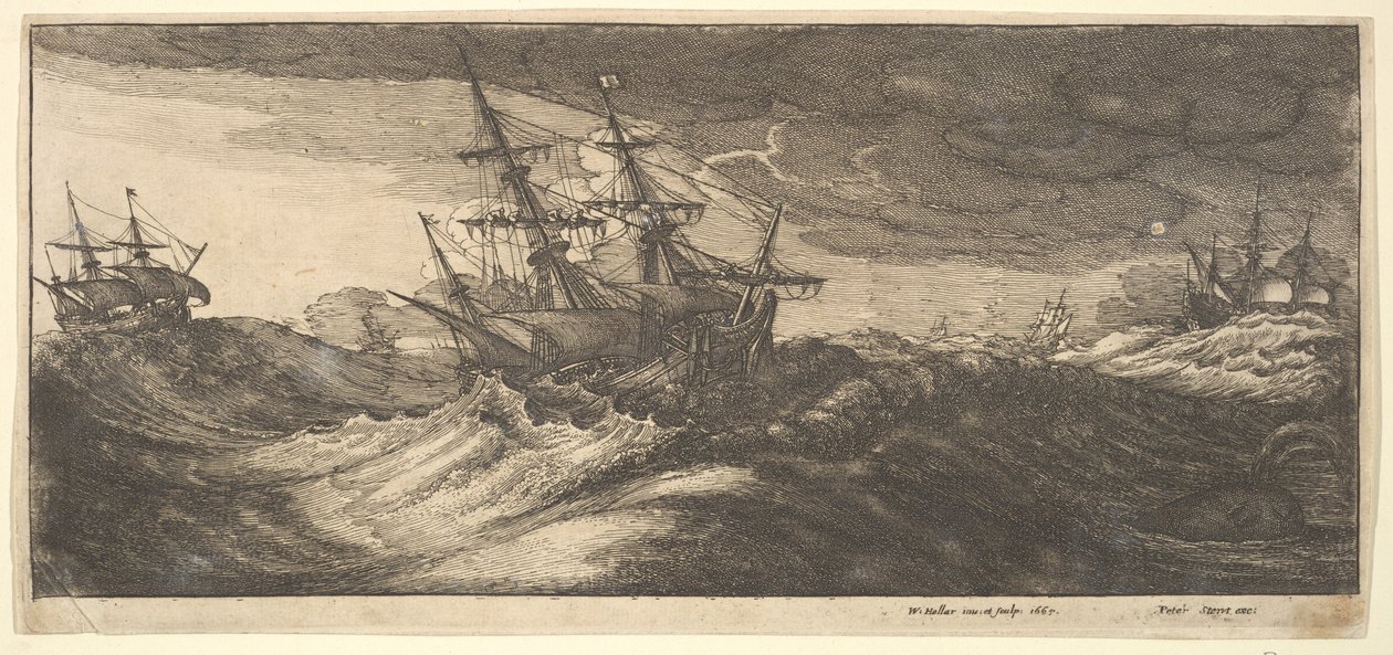 Sotalaiva ja pursuava valas, 1665. tekijältä Wenceslaus Hollar