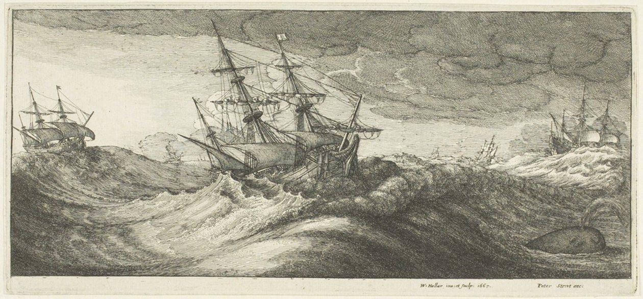 Sotalaivoja ja pursuava valas tekijältä Wenceslaus Hollar