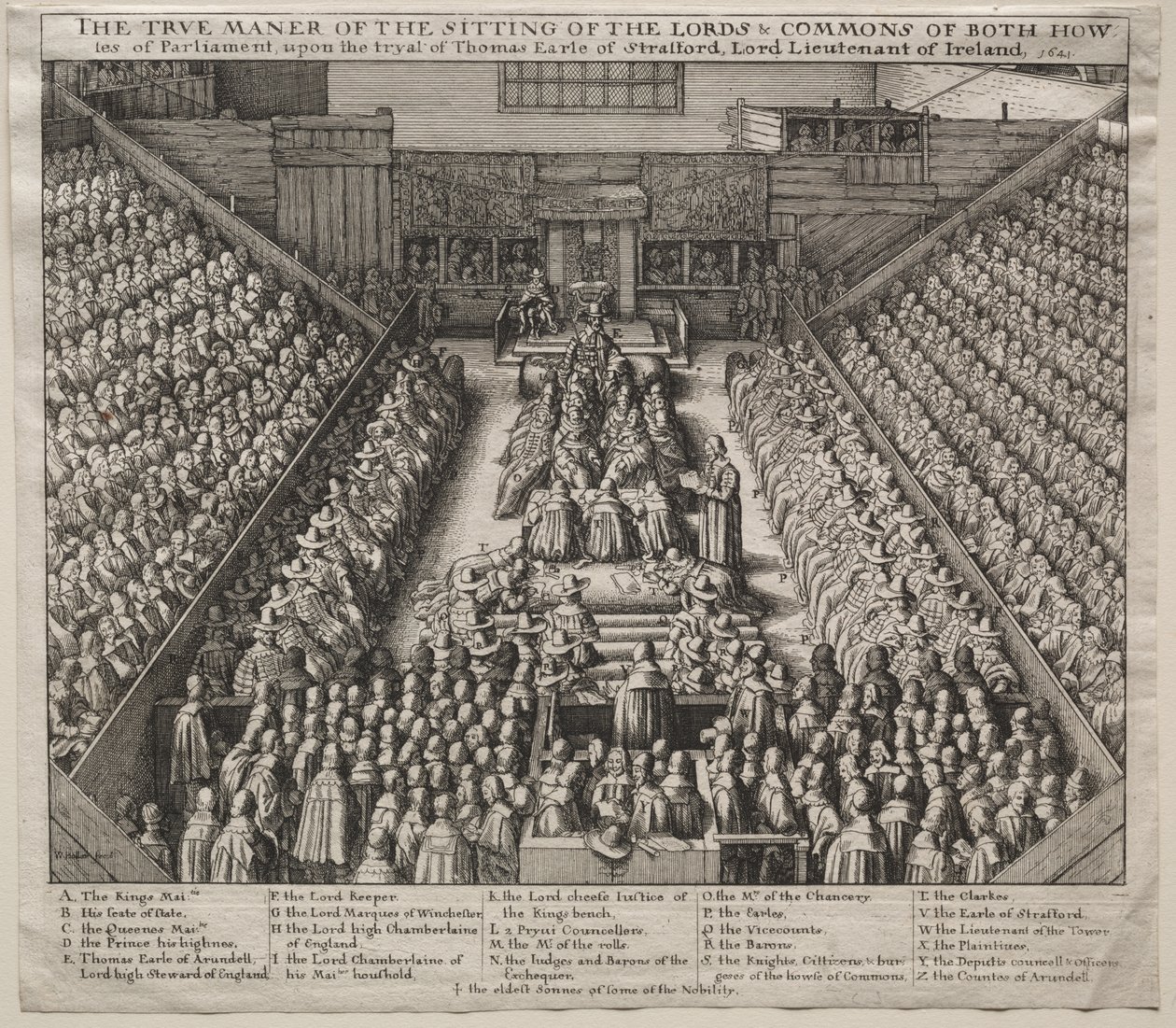 Westminster Hall, sisätilat, Straffordin jaarlin oikeudenkäynti tekijältä Wenceslaus Hollar