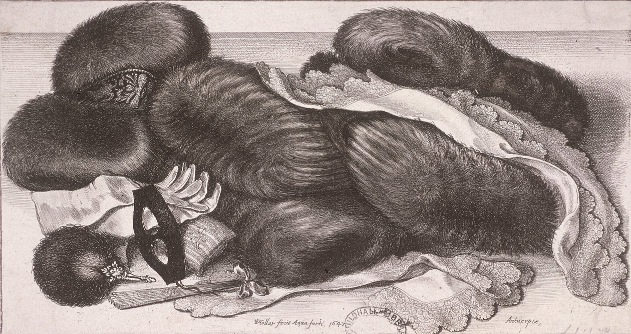 Naisten talvivaatteet, mukaan lukien muffinit, käsineet ja nenäliinat, 1647 tekijältä Wenceslaus Hollar