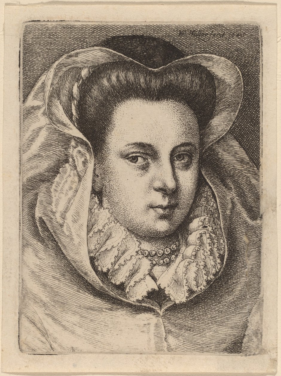 Nainen, jolla on valkoinen huntu ja musta hattu (Mary Stuart?) tekijältä Wenceslaus Hollar