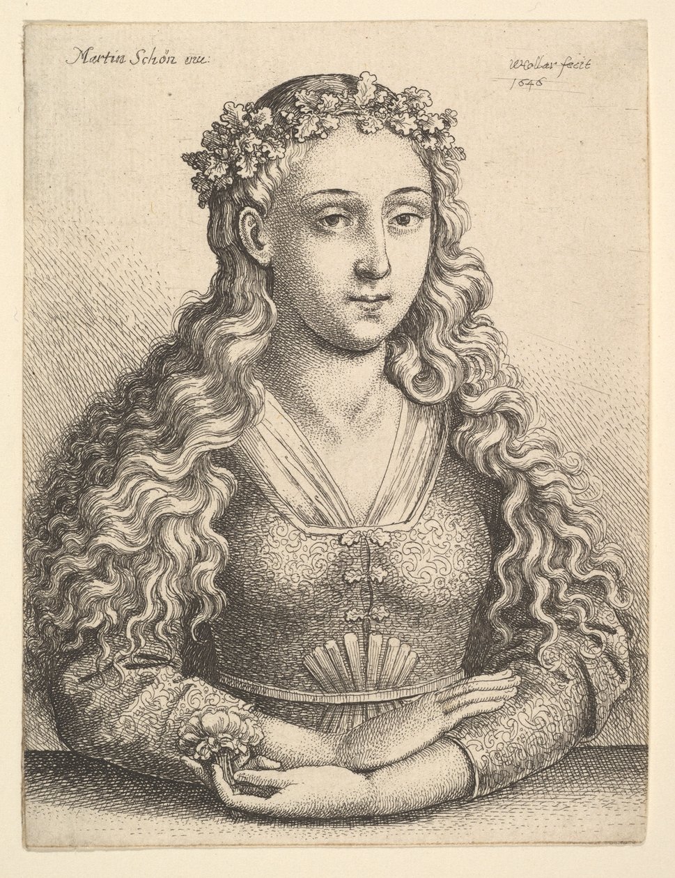 Nainen tammenlehtiseppeleellä, 1646. tekijältä Wenceslaus Hollar