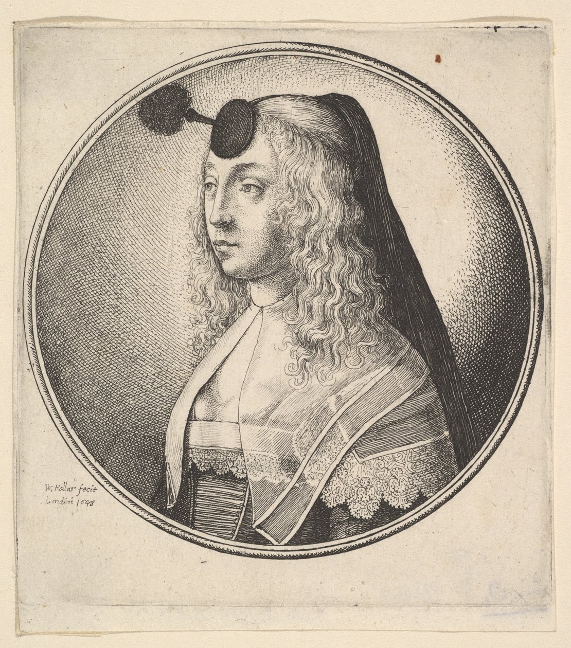 Nainen houpette otsassa kääntyi vasemmalle, 1643. tekijältä Wenceslaus Hollar