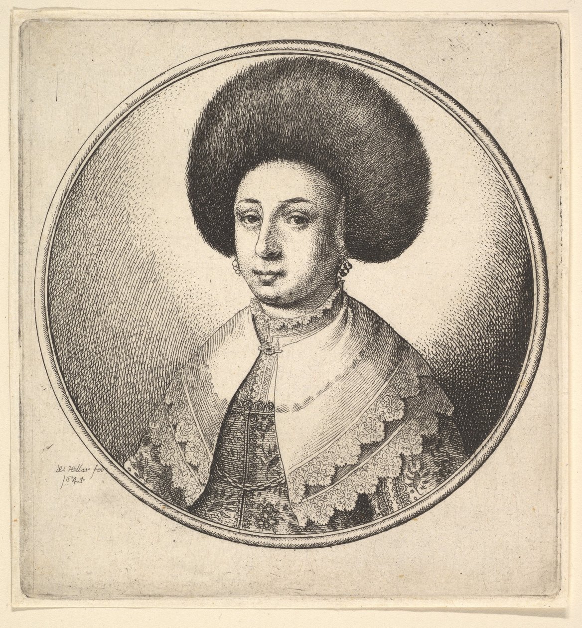 Nainen, jolla on suuri pyöreä turkishattu ja korvakorut, 1645. tekijältä Wenceslaus Hollar