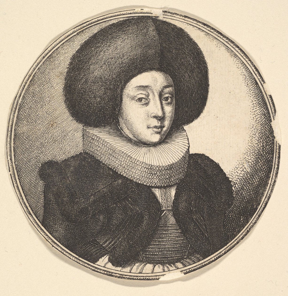 Nainen, jolla on suuri pyöreä turkishattu ja pitsinen röyhelö, 1645. tekijältä Wenceslaus Hollar