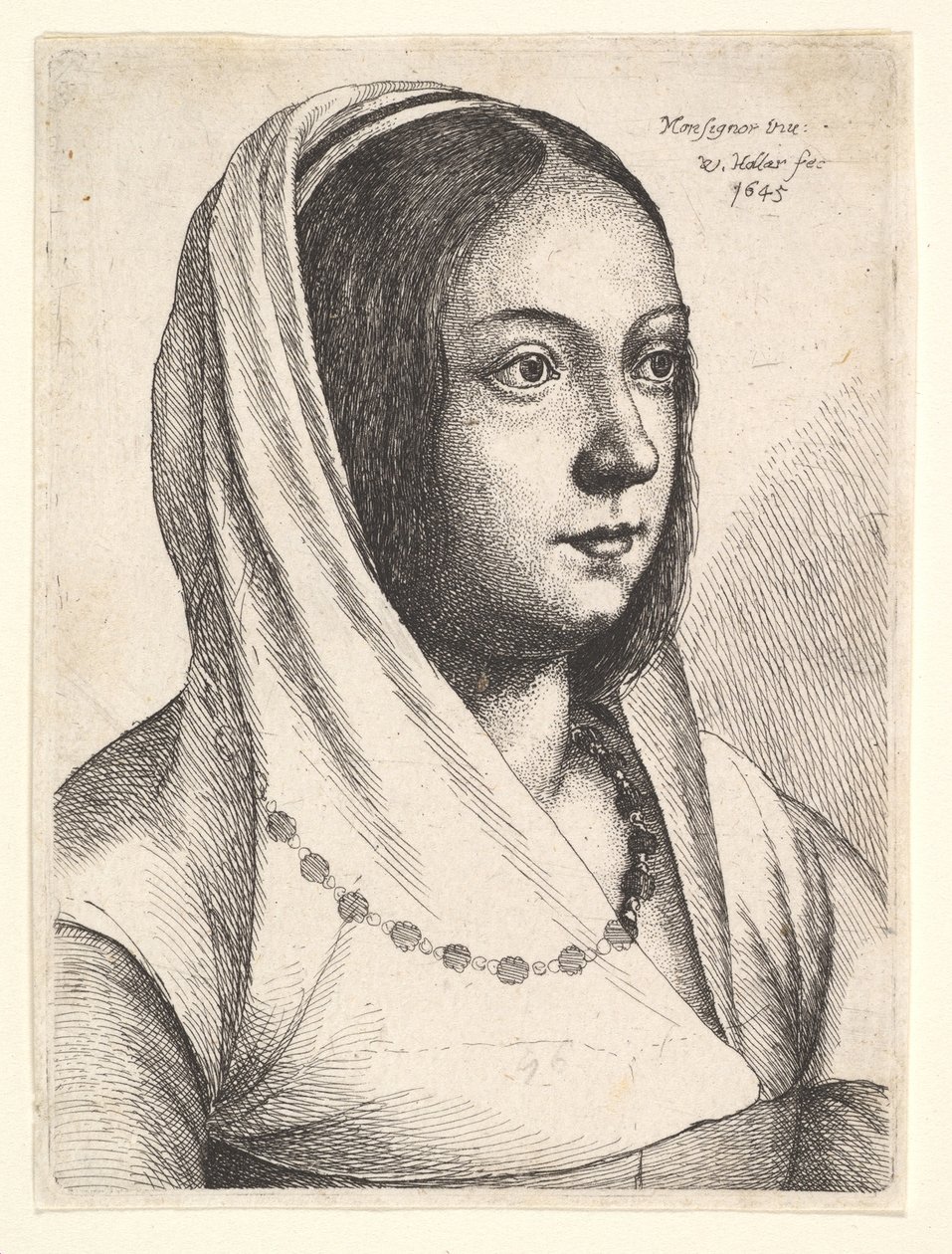 Nuori nainen huivi päässä, Bonsignorin mukaan, 1645. tekijältä Wenceslaus Hollar